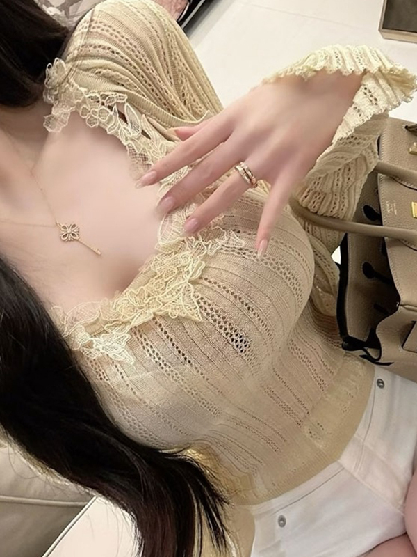 Elastic Lace Trim - Ensemble cardigan à bretelles en maille